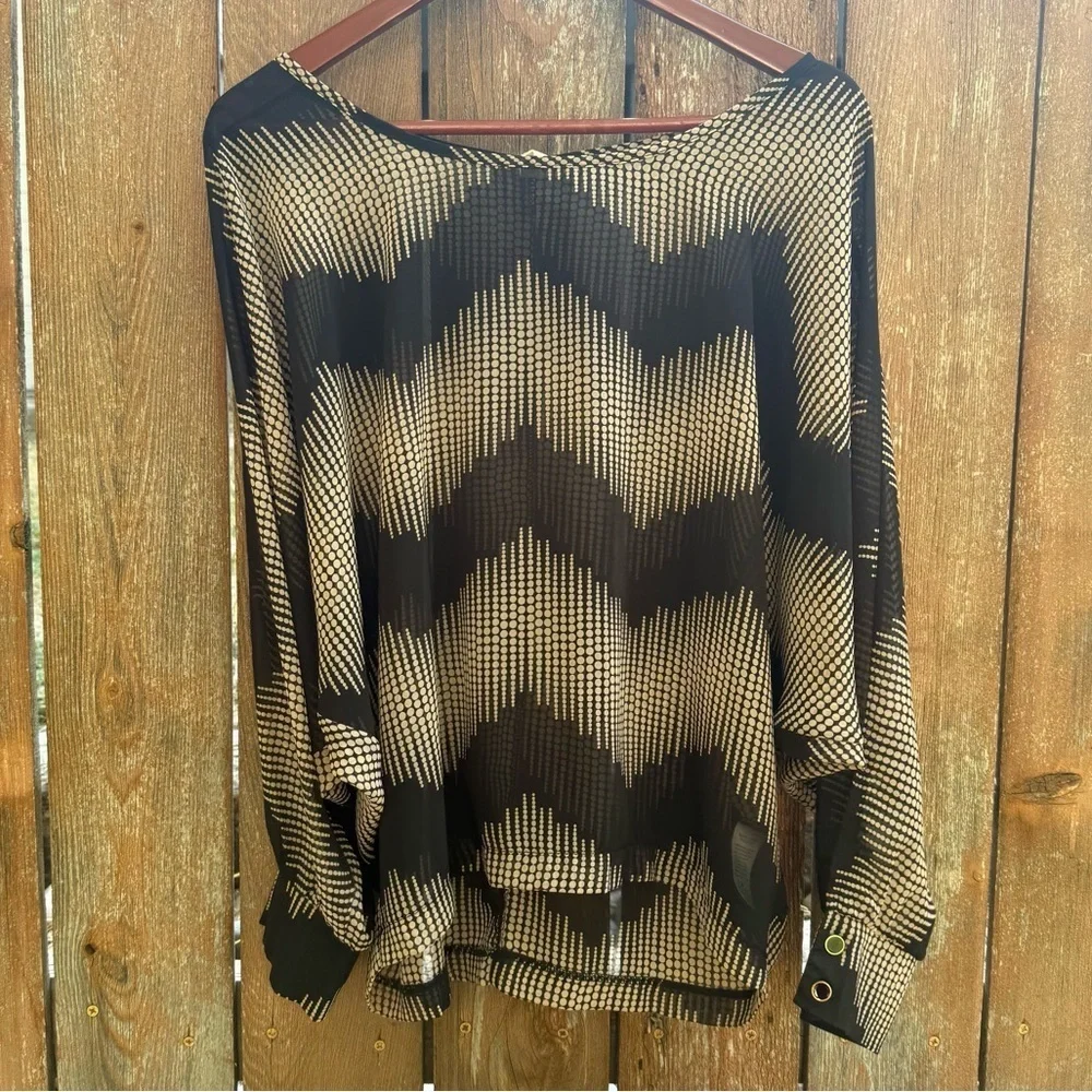 MIND CODE Women’s Black Cream Chevron Sheer Long Sleeve Shirt Blouse Size Small